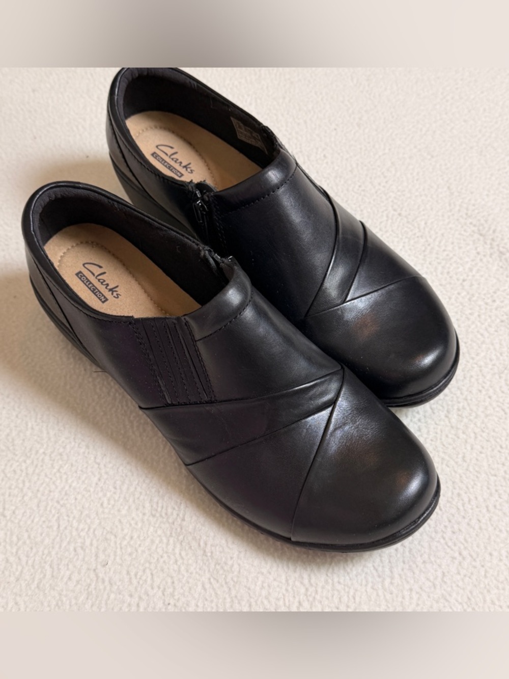Clarks Black Leather Slip-On Loafers with Side Zip